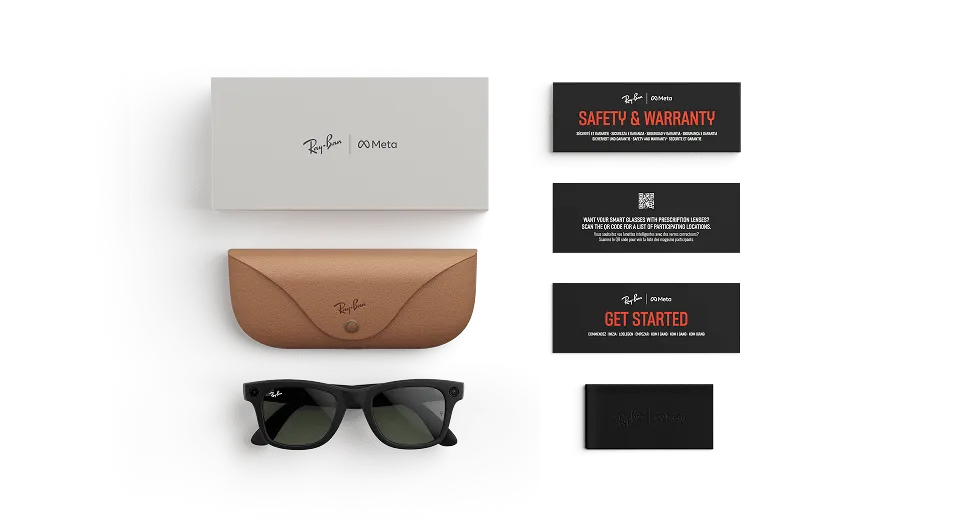 Ray-Ban Meta Wayfarer smart glasses product packaging showing complete unboxing experience