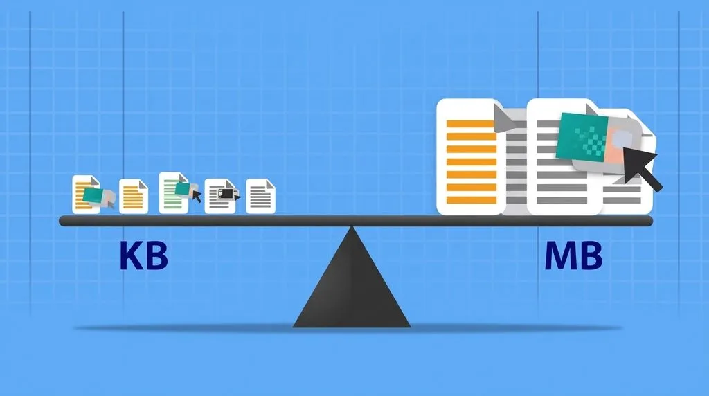Balance scale illustration: small KB files on one side, much heavier MB files on the other showing MB is larger
