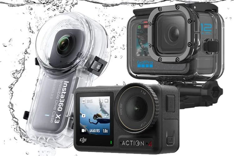 Action camera filming underwater scuba diving