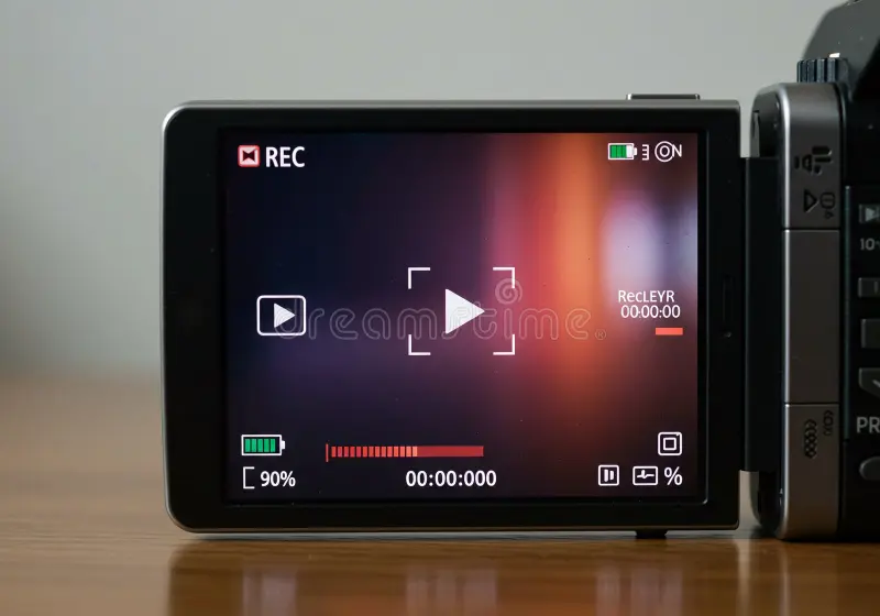 Camcorder LCD flip screen showing recording mode
