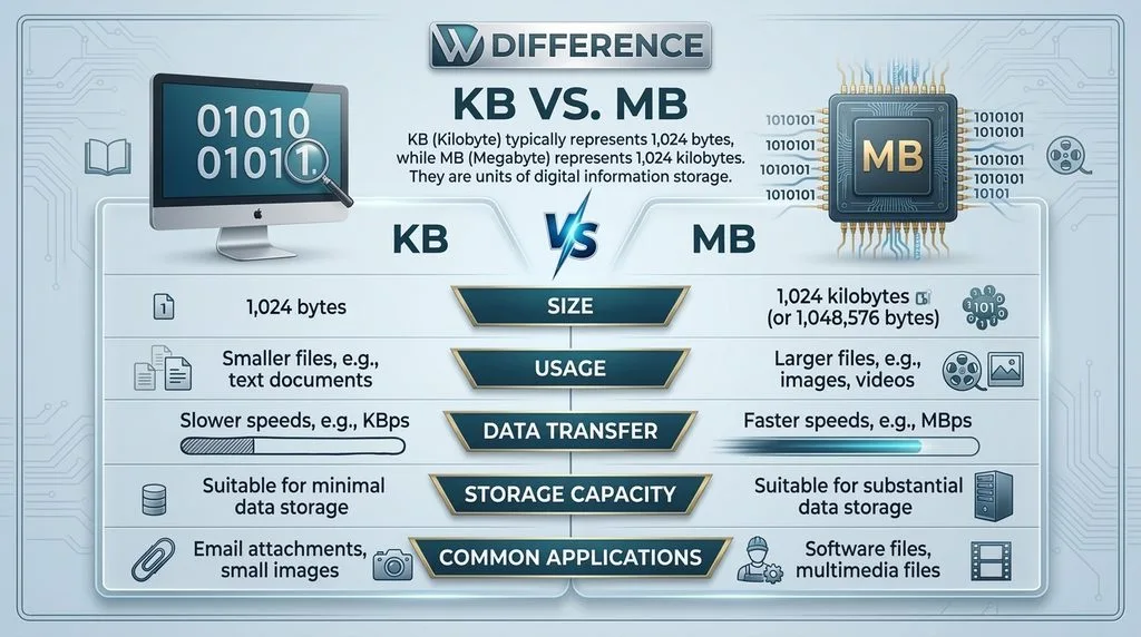 KB vs MB detailed comparison infographic: size, usage, data transfer, storage capacity, common applications