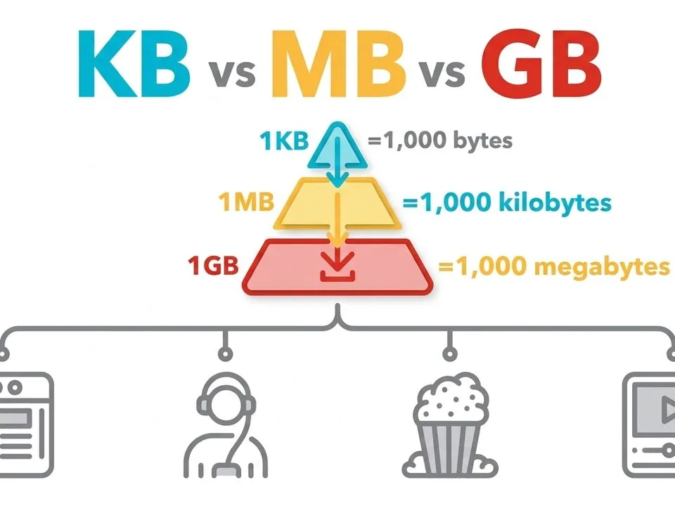 KB vs MB vs GB comparison infographic showing 1KB=1000 bytes, 1MB=1000 kilobytes, 1GB=1000 megabytes