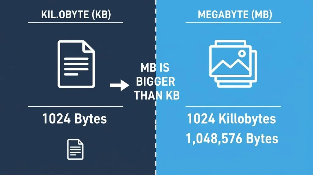 Kilobyte vs Megabyte side-by-side comparison: KB=1024 bytes small text document, MB=1024 kilobytes large image file
