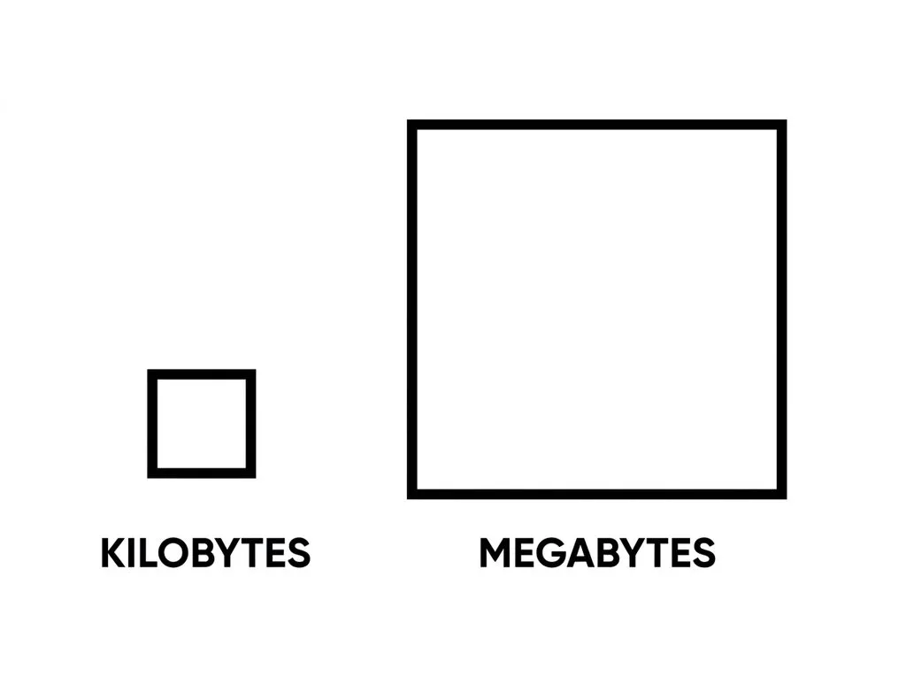 Visual scale comparison: small kilobytes block vs much larger megabytes block showing relative size difference