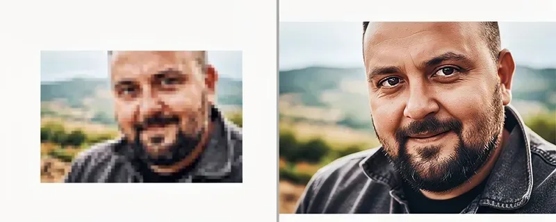 AI upscaler transforms blurry image into sharp result