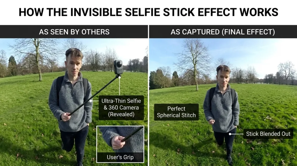 Invisible selfie stick 360 camera effect