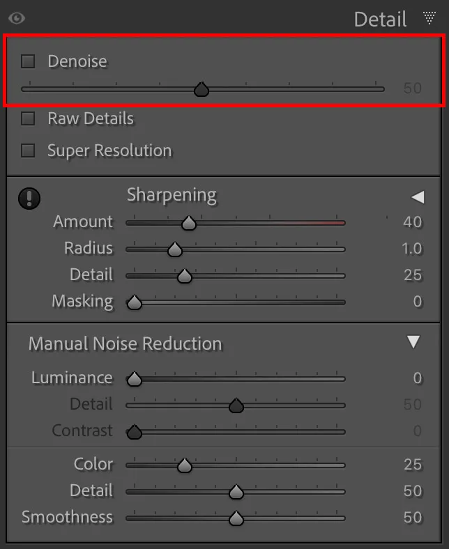 Lightroom Classic AI Denoise panel screenshot