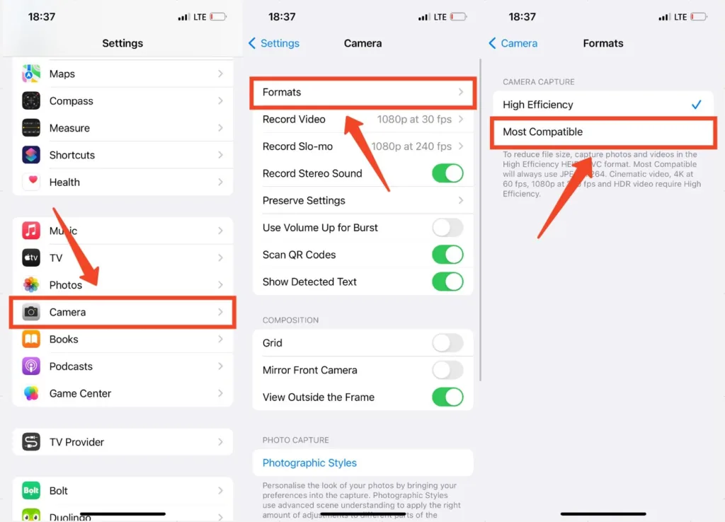 iPhone camera settings switching between HEIC and JPEG