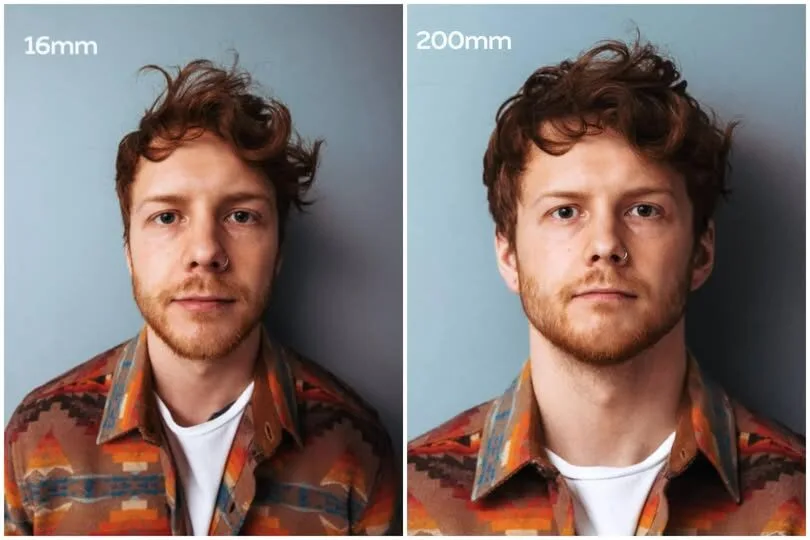 Wide-angle vs telephoto facial distortion comparison