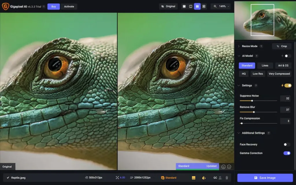 Topaz Gigapixel AI software interface