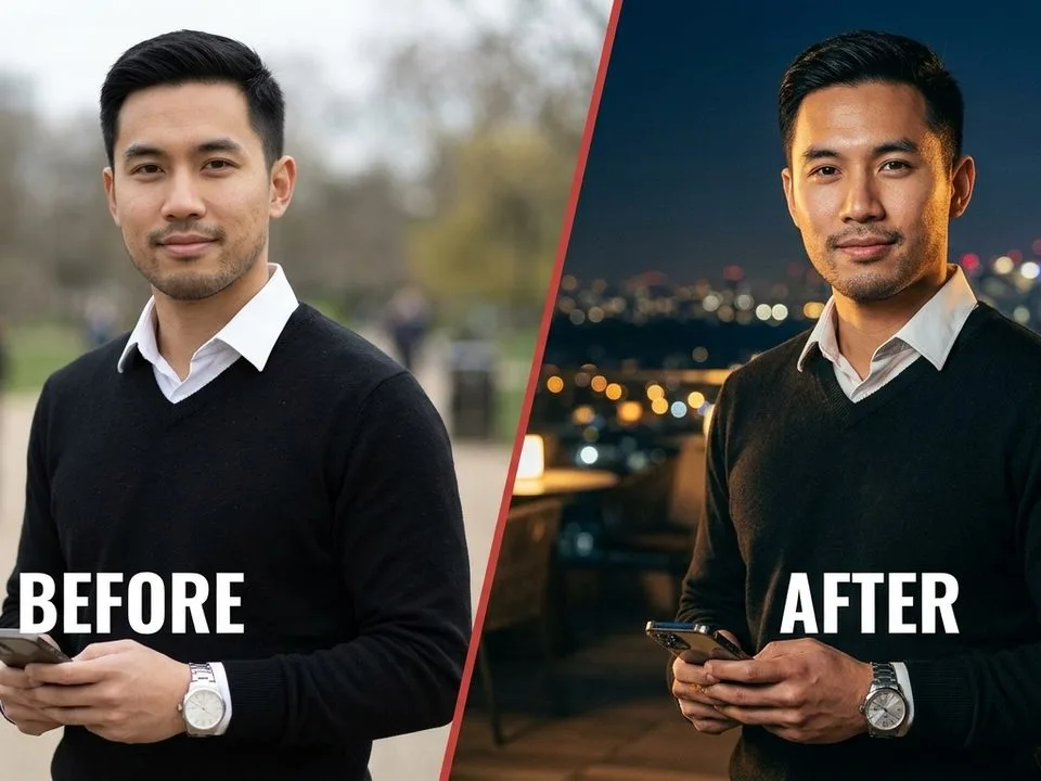 Gemini AI photo prompt before and after, selfie to cinematic portrait.