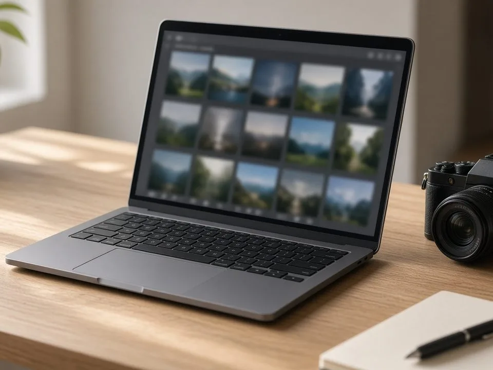 Laptop and camera on a desk