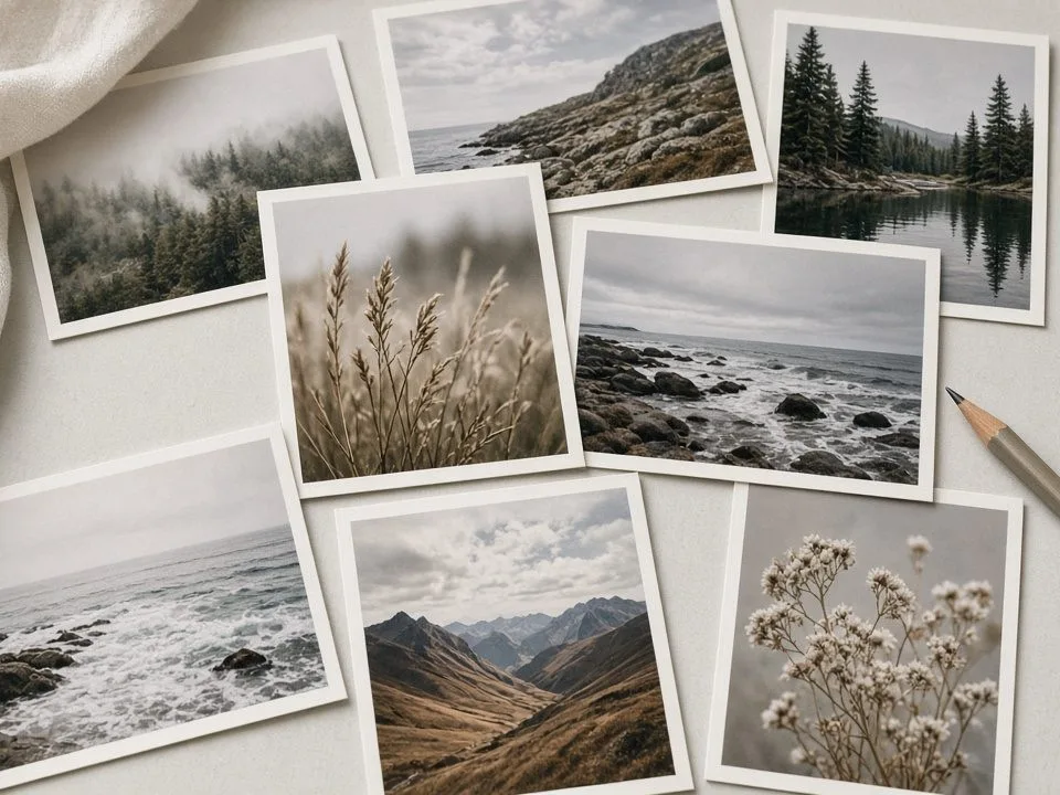 Printed photographs arranged on a table