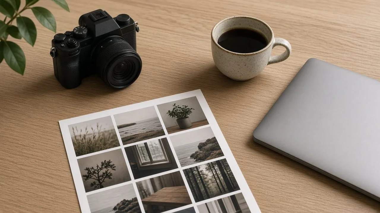 Studio desk with a camera and prints