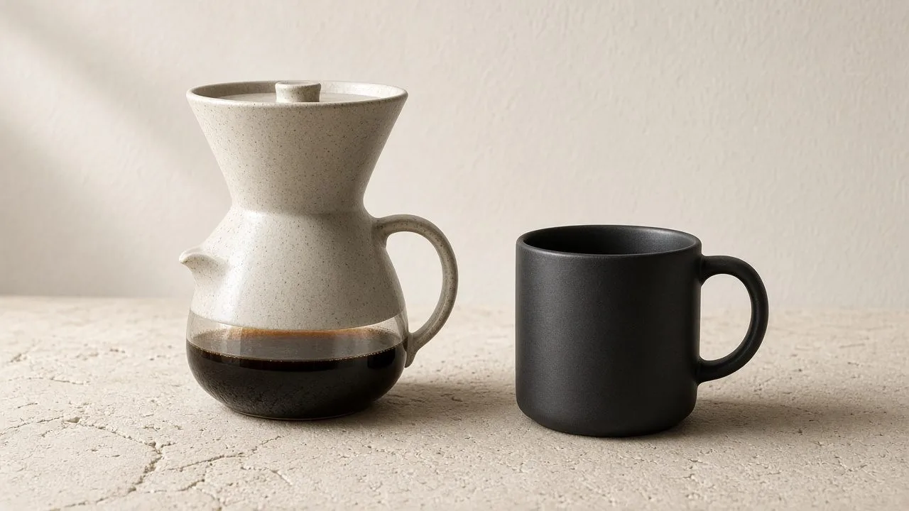 Ceramic coffee server and cup on limestone