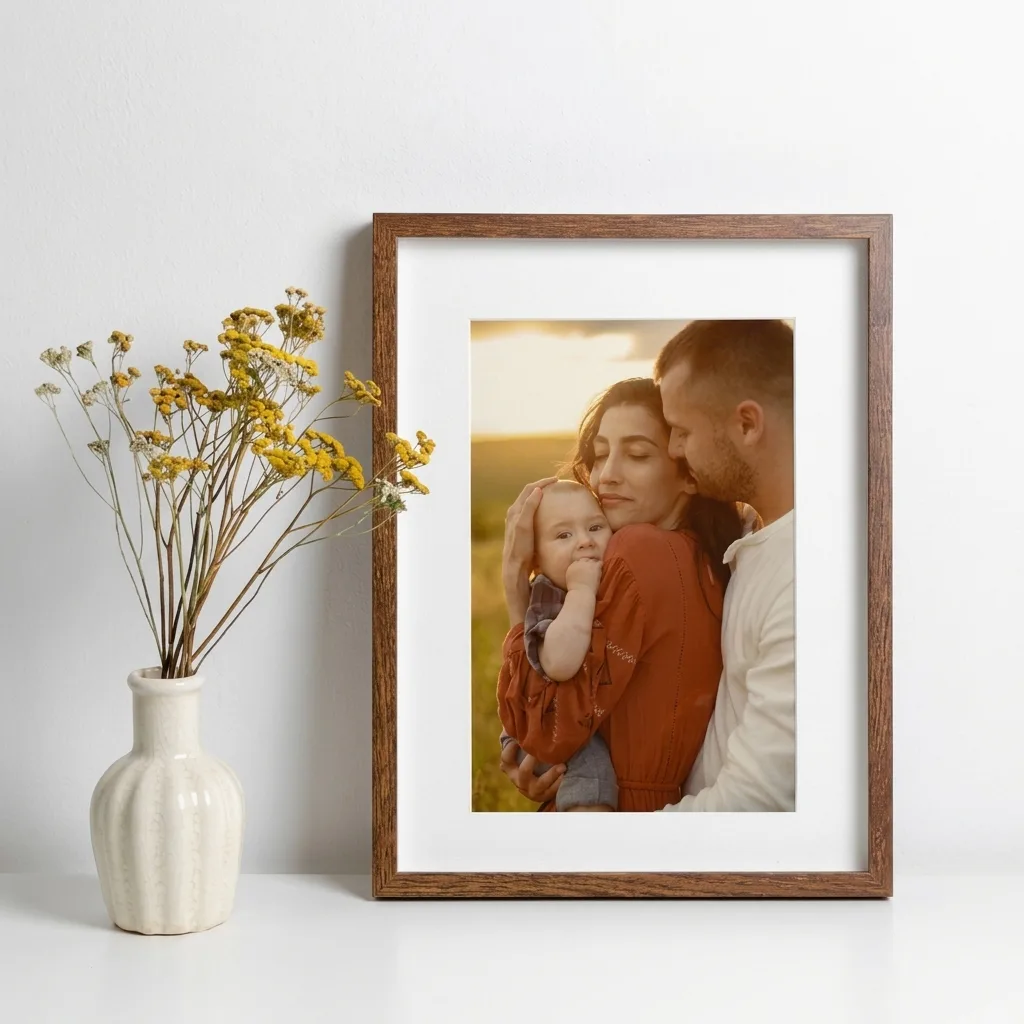 11×14 wood-framed family photo sitting on a shelf beside a small vase of flowers