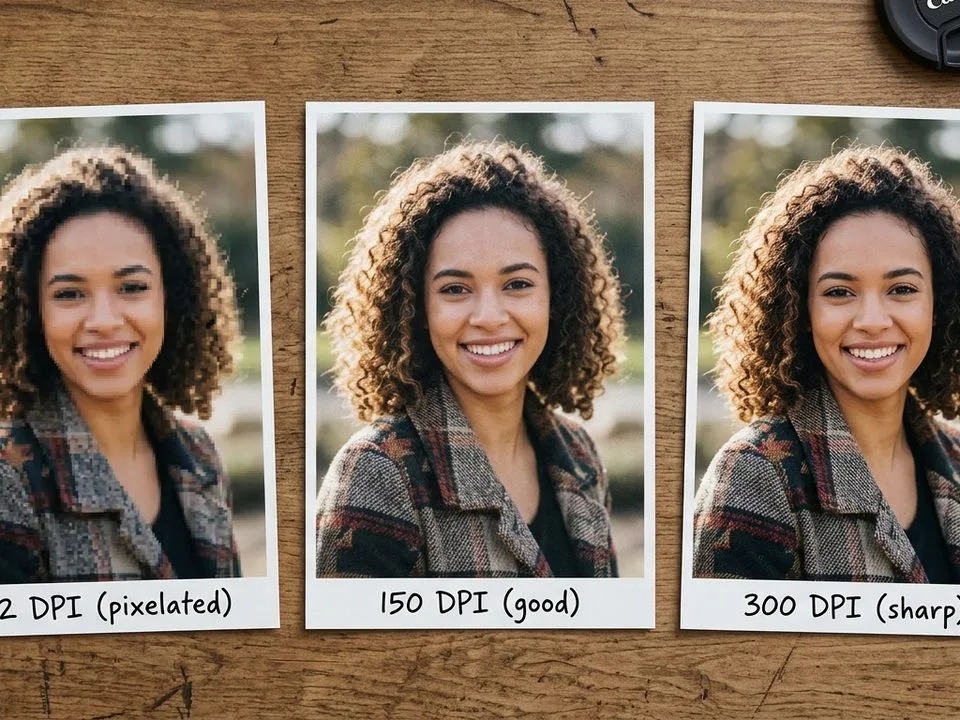 Three 4×6 prints side-by-side showing quality difference at 72 DPI, 150 DPI, and 300 DPI