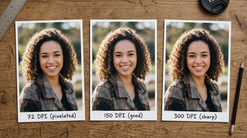 Three 4×6 portrait prints showing quality progression from 72 DPI (pixelated) to 150 DPI (good) to 300 DPI (sharp)