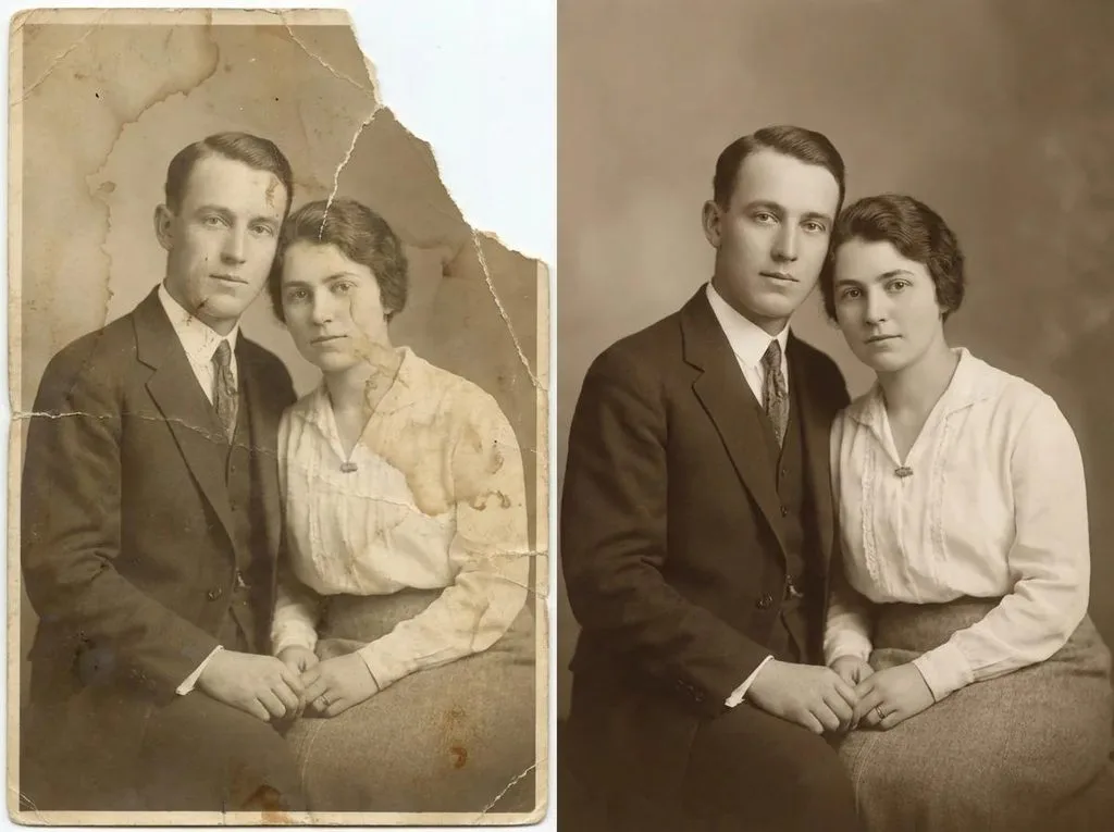 Before and after tear and stain repair of a vintage couple portrait