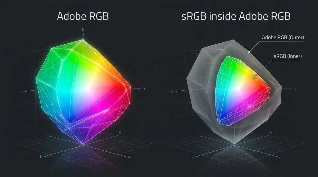 3D color gamut models showing Adobe RGB on the left and sRGB overlaid inside Adobe RGB on the right
