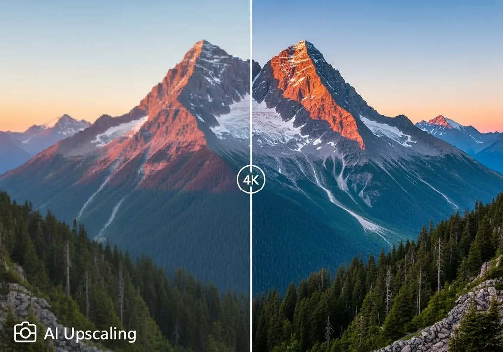 Mountain landscape split comparison — blurry/pixelated original on the left, sharp 4K AI-upscaled result on the right