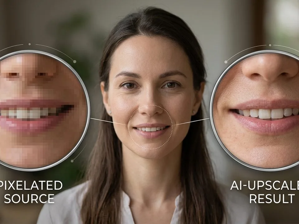Portrait with two magnified loupe insets comparing pixelated source mouth vs AI-upscaled sharp result