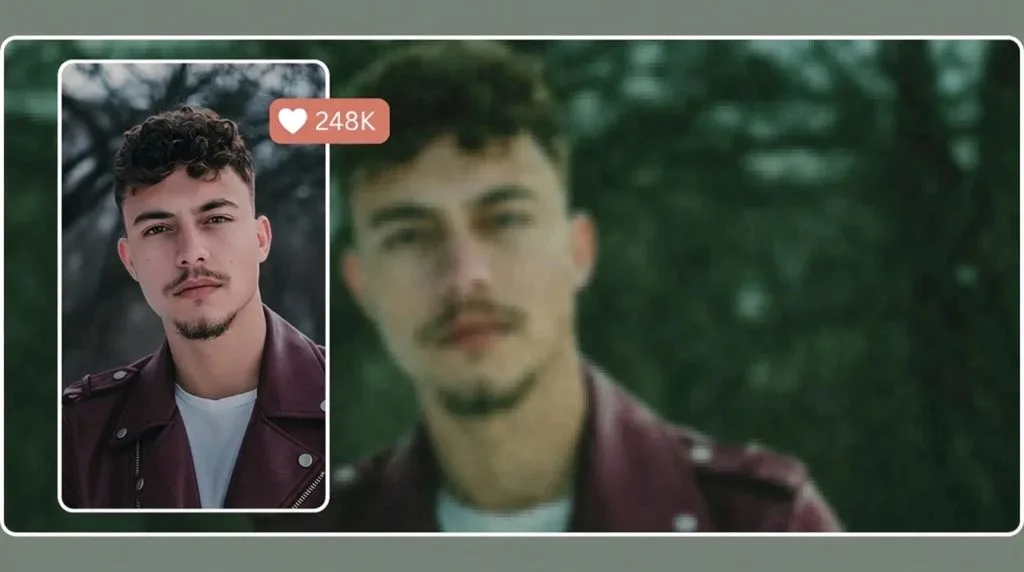 Side-by-side portrait — pixelated low-resolution original on the right, sharp AI-upscaled 4K version on the left