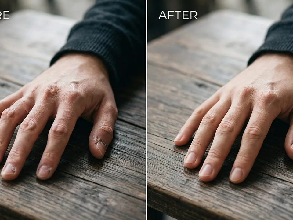 Before/after — malformed AI hand with six fingers and joint errors on the left, fixed photorealistic five-fingered hand on the right after inpainting
