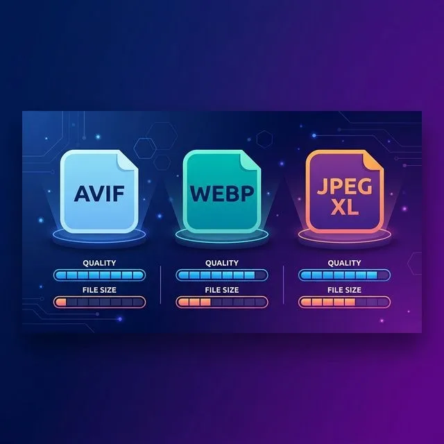 AVIF WebP and JPEG XL file format cards showing quality and file size trade-offs