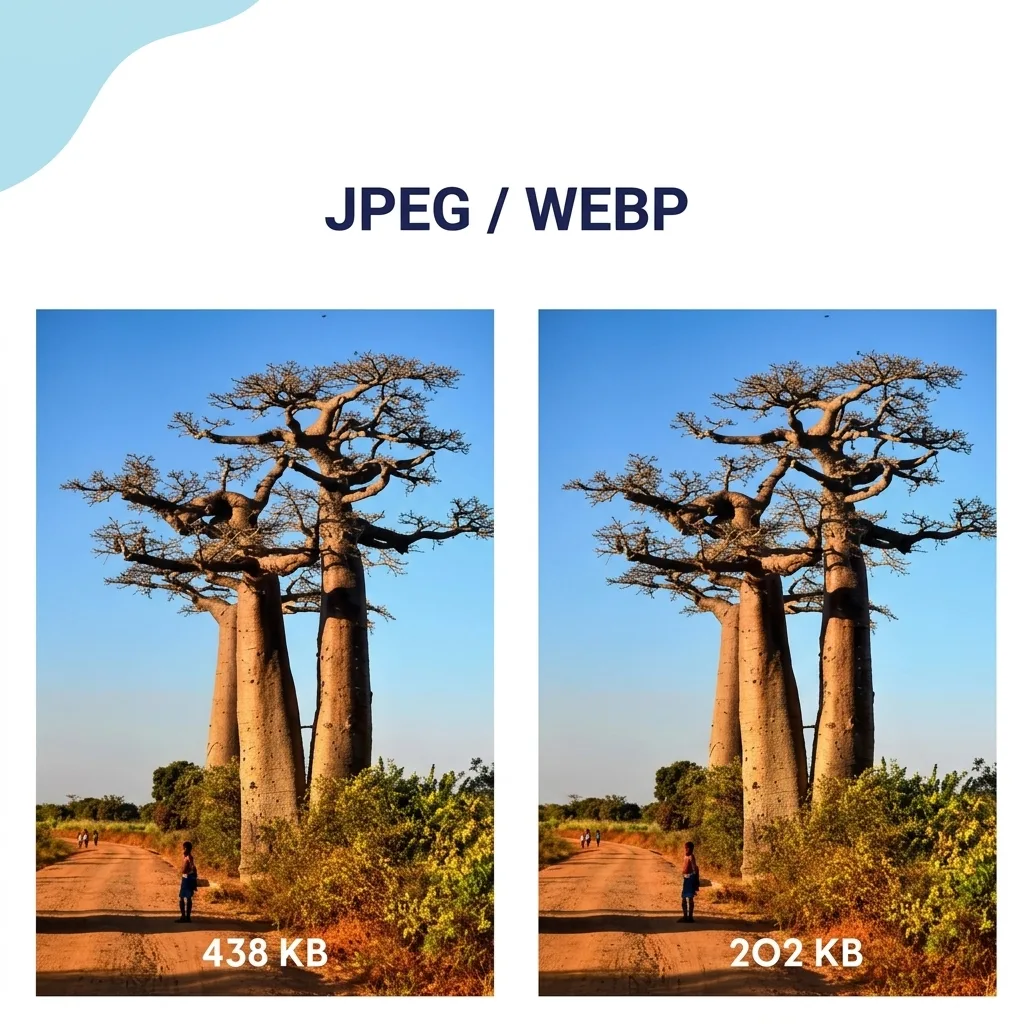 Baobab tree photo: JPEG 438KB vs WebP 202KB — identical visual quality, WebP saves 54%