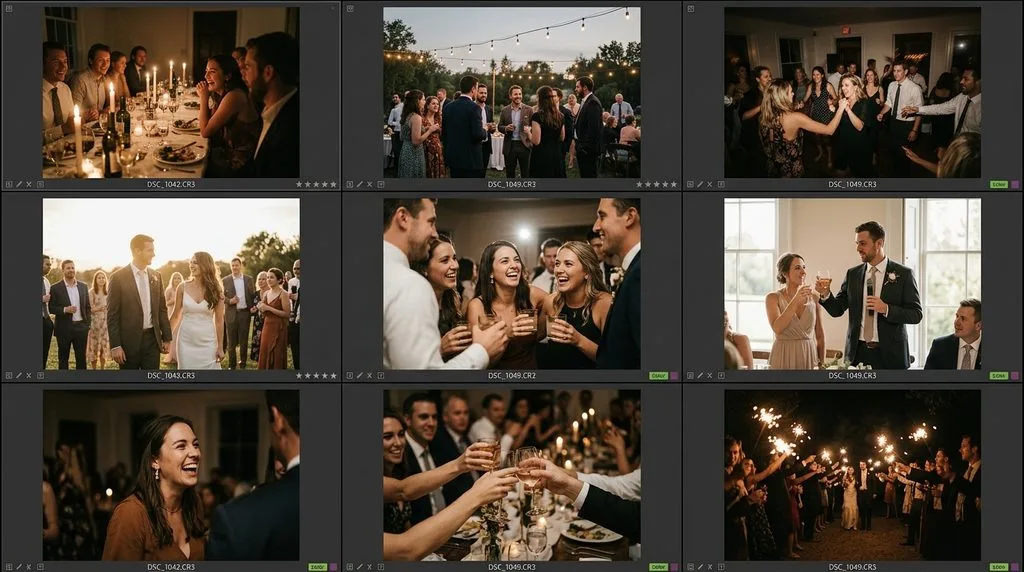 Batch edited event photos with consistent color but individual exposure tweaks