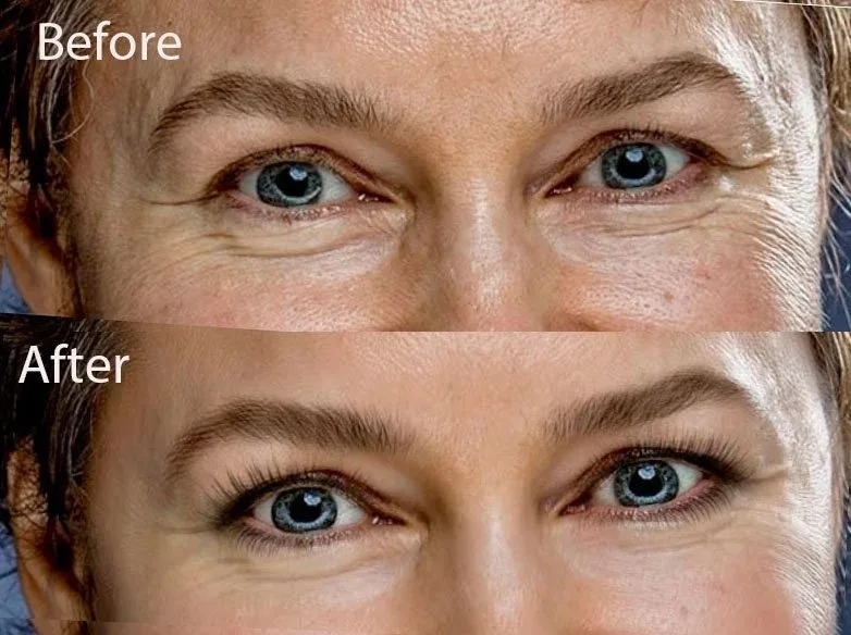 Before and after eye sharpening detail in portrait retouching