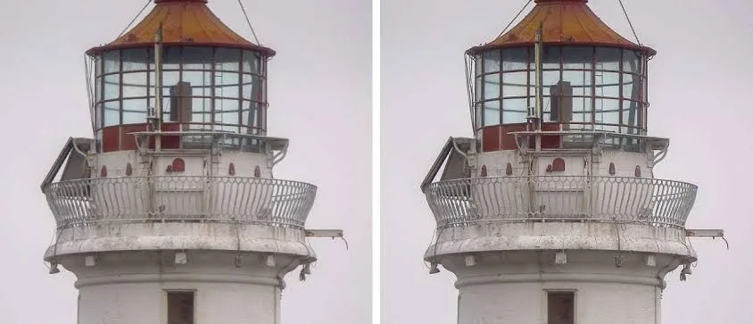 Before and after edge sharpening of a lighthouse building detail