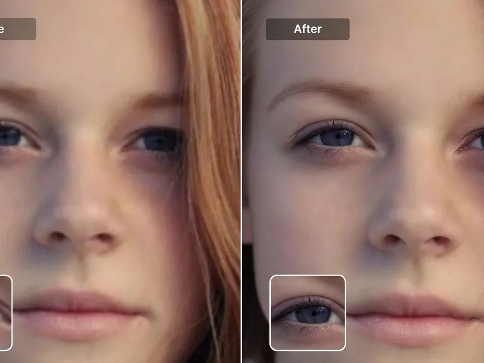 Before and after portrait sharpening showing improved eye and skin detail