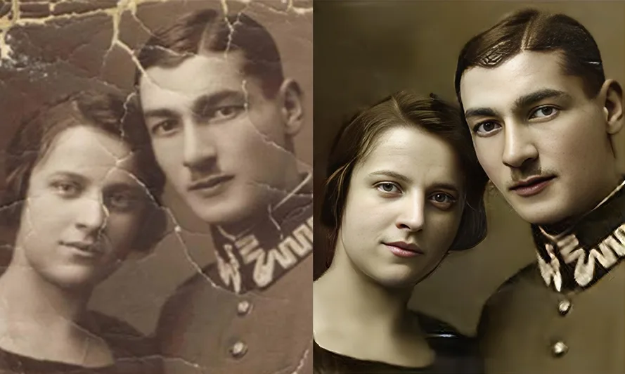 Before and after restoration of a cracked vintage couple portrait