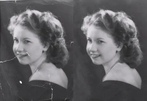 Before and after scratch removal on a vintage portrait