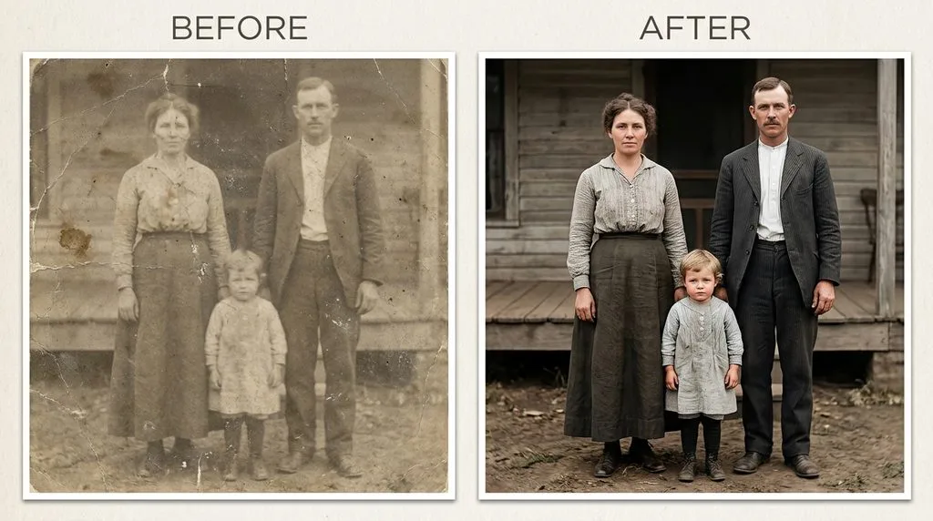 Before and after upscaling and sharpening of an old family photo
