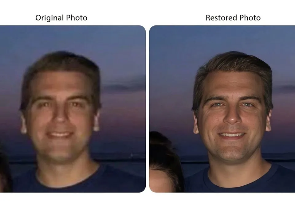 Blurry portrait before and after AI deblur and sharpening
