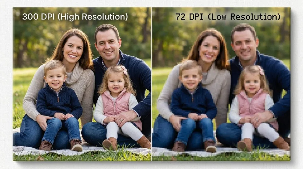 16×20 canvas family photo — 300 DPI high resolution on the left, 72 DPI low resolution pixelated on the right