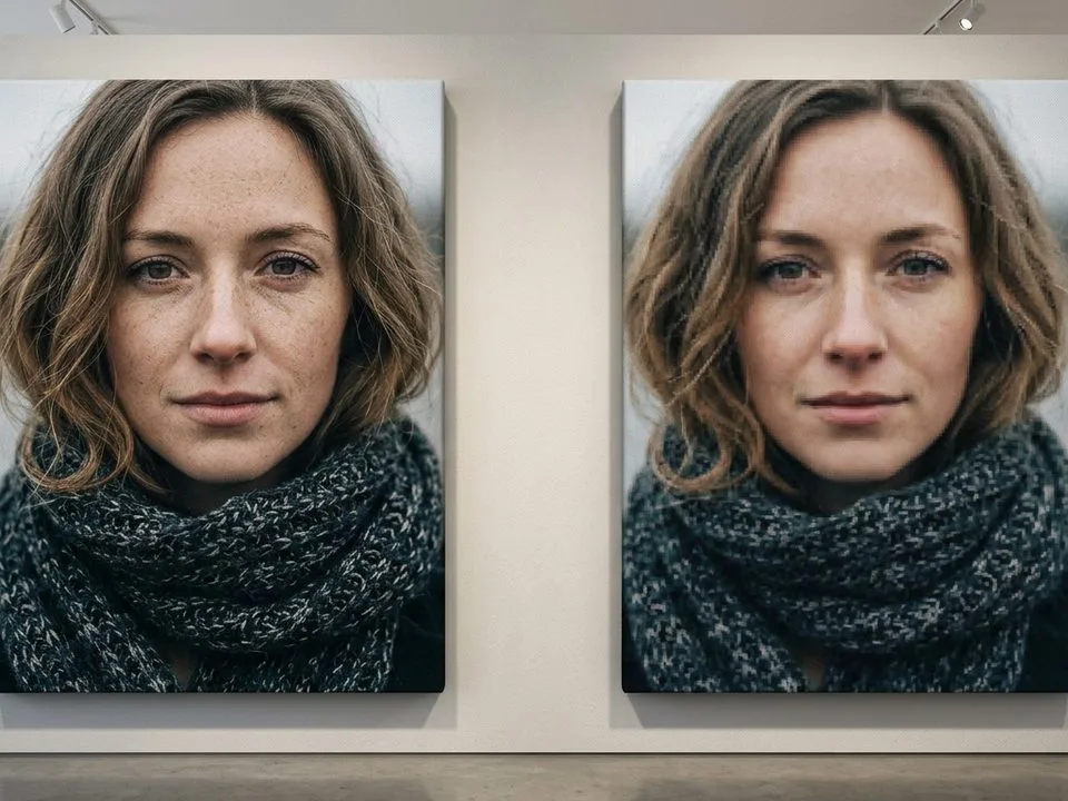 Two canvas portrait prints side-by-side — high-resolution sharp detail on the left, low-resolution soft/pixelated on the right