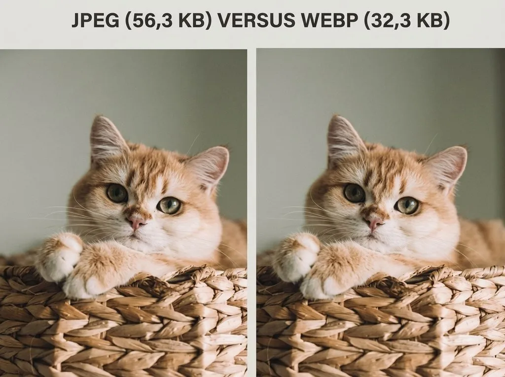 Cat photo comparison: JPEG 56.3KB vs WebP 32.3KB — WebP saves 43% with identical visual quality