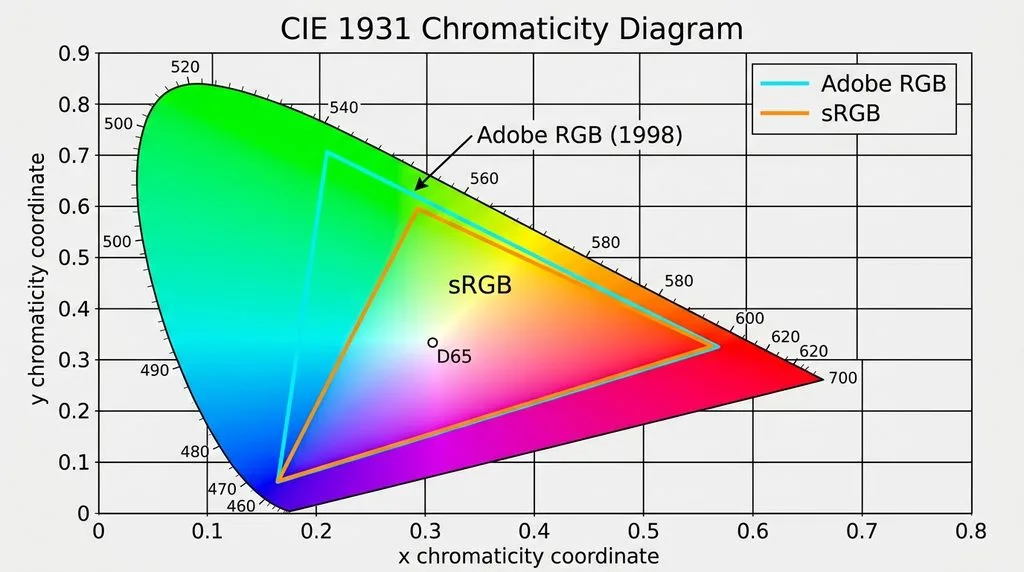 CIE 1931 chromaticity diagram showing the smaller sRGB triangle inside the larger Adobe RGB triangle