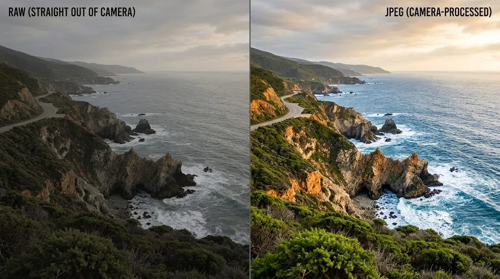 Coastal landscape showing RAW file straight out of camera (dark, flat) versus JPEG (camera-processed, bright) — RAW requires editing
