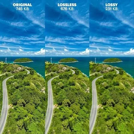Three-panel comparison showing original, lossless, and lossy compression of the same coastal road photo