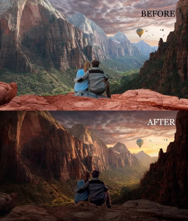 Composite before and after: couple on a rocky overlook merged with a dramatic mountain valley sky and warm sunset light