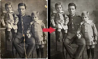 Damaged military portrait with missing corner before and after Content-Aware repair