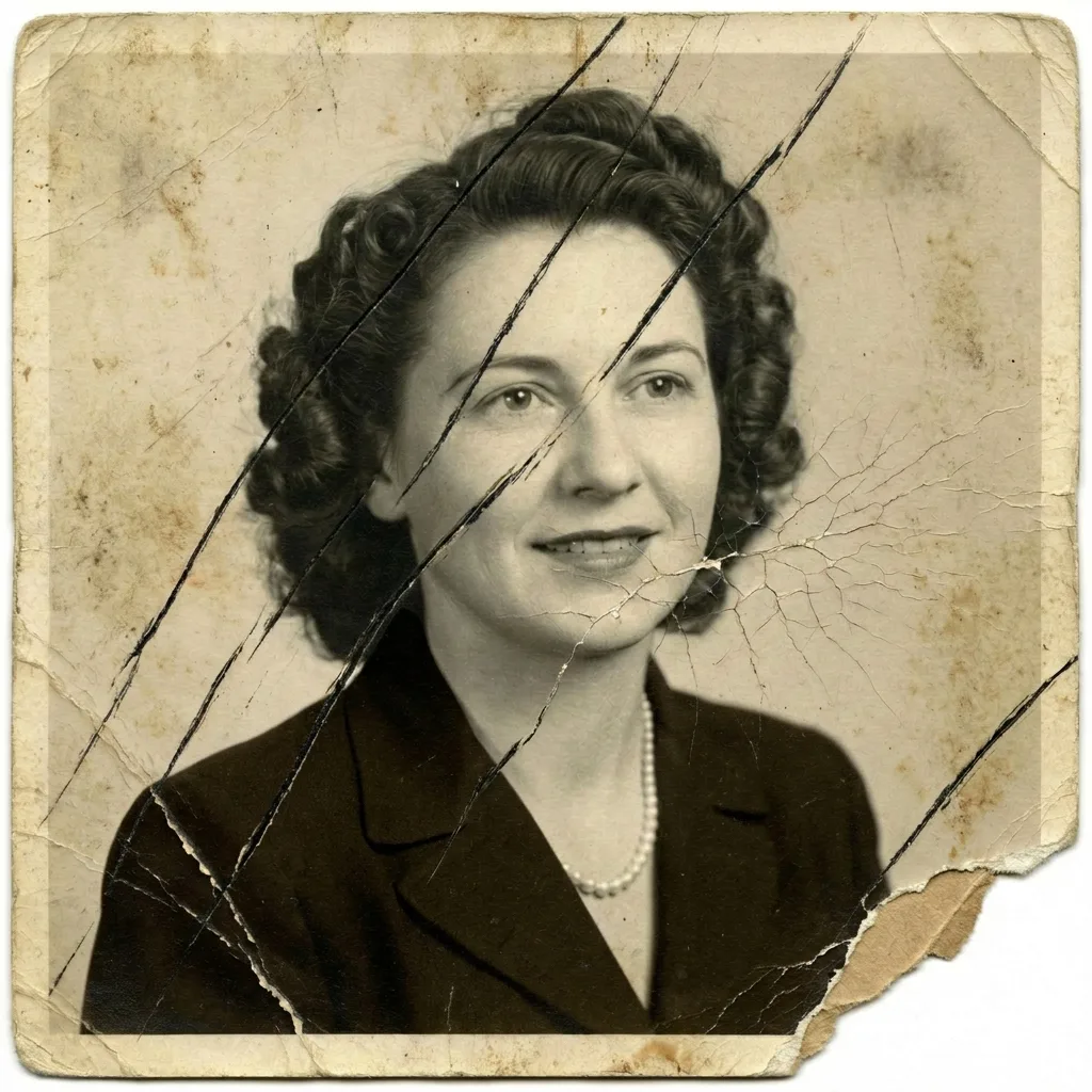 Damaged vintage portrait with scratches and missing corner before restoration