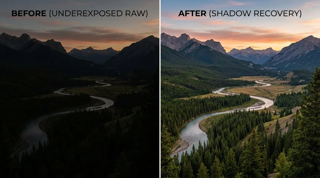 Dark underexposed RAW landscape before and after full shadow recovery