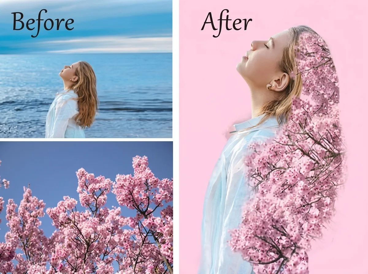 Double exposure before and after: blonde woman portrait merged with pink cherry blossom trees, artistic photo composite effect