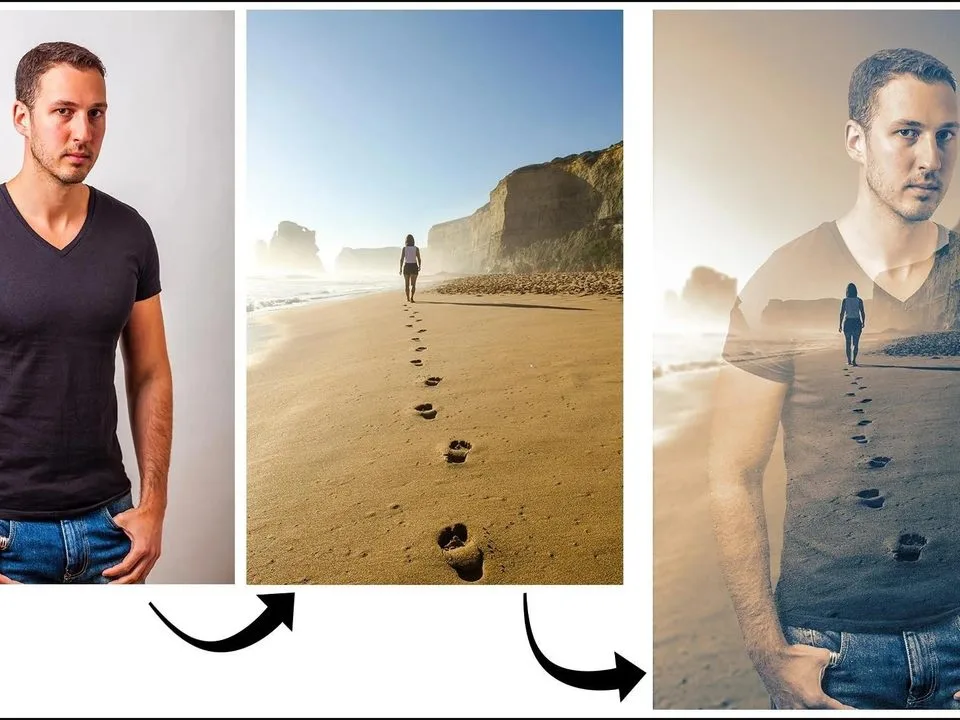 Double exposure merge: portrait of a man combined with a beach footprint scene, blending two photos into one artistic composite